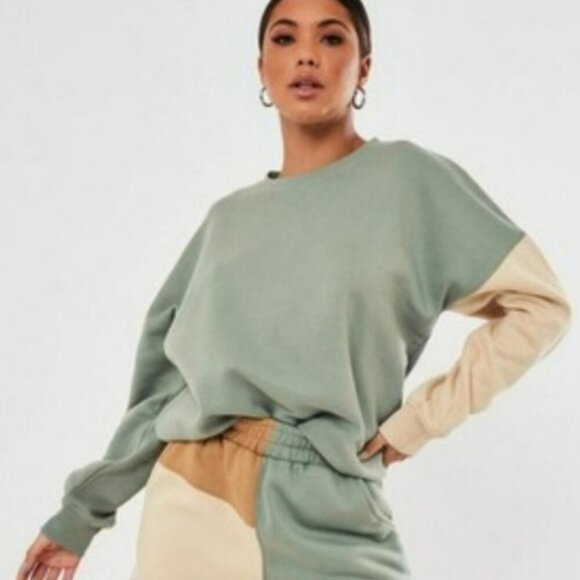 Missguided Colorblock Green and Biege Sweat Shirt Size 6 NWT - Picture 1 of 5